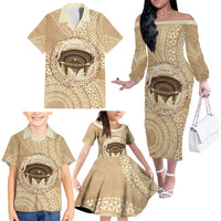 Tonga Skink Kava Bowl Family Matching Off The Shoulder Long Sleeve Dress and Hawaiian Shirt Vintage Tongan Ngatu Pattern