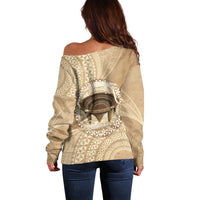 Tonga Skink Kava Bowl Off Shoulder Sweater Vintage Tongan Ngatu Pattern