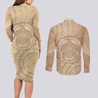 Tonga Ngatu Turtle Couples Matching Long Sleeve Bodycon Dress and Long Sleeve Button Shirt Vintage Tongan Tapa Cloth