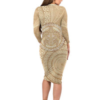 Tonga Ngatu Turtle Family Matching Long Sleeve Bodycon Dress and Hawaiian Shirt Vintage Tongan Tapa Cloth