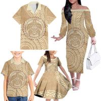 Tonga Ngatu Turtle Family Matching Off The Shoulder Long Sleeve Dress and Hawaiian Shirt Vintage Tongan Tapa Cloth