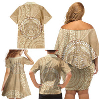 Tonga Ngatu Turtle Family Matching Off Shoulder Short Dress and Hawaiian Shirt Vintage Tongan Tapa Cloth