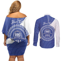 Queen Salote College 100th Anniversary Personalized Couples Matching Off Shoulder Short Dress and Long Sleeve Button Shirt Est 1926 Kolisi Fefine Tongan Ngatu Pattern