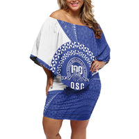 Queen Salote College 100th Anniversary Personalized Off Shoulder Short Dress Est 1926 Kolisi Fefine Tongan Ngatu Pattern LT14 Women Blue - Polynesian Pride