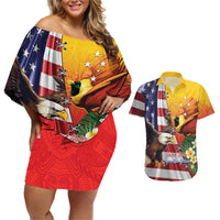 Personalised United States And Papua New Guinea Couples Matching Off Shoulder Short Dress and Hawaiian Shirt USA Eagle With PNG Bird Of Paradise LT14 Red - Polynesian Pride