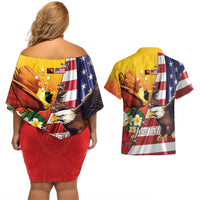 Personalised United States And Papua New Guinea Couples Matching Off Shoulder Short Dress and Hawaiian Shirt USA Eagle With PNG Bird Of Paradise LT14 - Polynesian Pride