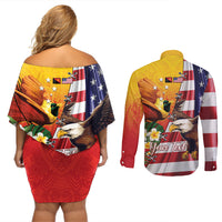 Personalised United States And Papua New Guinea Couples Matching Off Shoulder Short Dress and Long Sleeve Button Shirt USA Eagle With PNG Bird Of Paradise