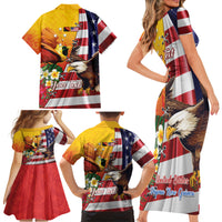 Personalised United States And Papua New Guinea Family Matching Short Sleeve Bodycon Dress and Hawaiian Shirt USA Eagle With PNG Bird Of Paradise