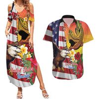 Personalised United States And Hawaii Couples Matching Summer Maxi Dress and Hawaiian Shirt USA Eagle With Hawaiian Shark Tattoo LT14 Red - Polynesian Pride