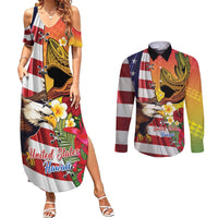 Personalised United States And Hawaii Couples Matching Summer Maxi Dress and Long Sleeve Button Shirt USA Eagle With Hawaiian Shark Tattoo LT14 Red - Polynesian Pride