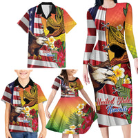 Personalised United States And Hawaii Family Matching Long Sleeve Bodycon Dress and Hawaiian Shirt USA Eagle With Hawaiian Shark Tattoo