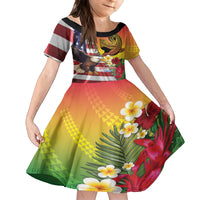 Personalised United States And Hawaii Kid Short Sleeve Dress USA Eagle With Hawaiian Shark Tattoo