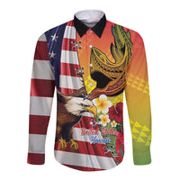 Personalised United States And Hawaii Long Sleeve Button Shirt USA Eagle With Hawaiian Shark Tattoo LT14 Unisex Red - Polynesian Pride
