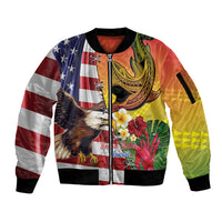 Personalised United States And Hawaii Sleeve Zip Bomber Jacket USA Eagle With Hawaiian Shark Tattoo