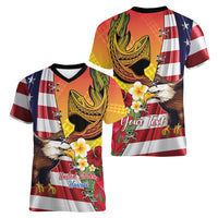 Personalised United States And Hawaii Women V Neck T Shirt USA Eagle With Hawaiian Shark Tattoo