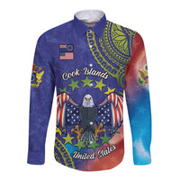 Personalised United States And Cook Islands Long Sleeve Button Shirt USA Eagle Mix Polynesian Pattern LT14 Unisex Blue - Polynesian Pride