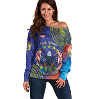 Personalised United States And Cook Islands Off Shoulder Sweater USA Eagle Mix Polynesian Pattern LT14 Women Blue - Polynesian Pride