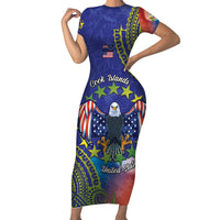 Personalised United States And Cook Islands Short Sleeve Bodycon Dress USA Eagle Mix Polynesian Pattern LT14 Long Dress Blue - Polynesian Pride