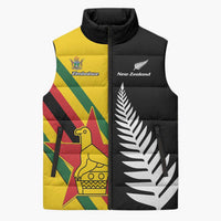 Custom New Zealand and Zimbabwe Sleeveless Puffer Jacket NZ Fern Zim Flag Half Style LT14 Unisex Black - Polynesian Pride