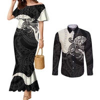 Black Polynesia Tribal Octopus Tattoo Couples Matching Mermaid Dress and Long Sleeve Button Shirt Pikake Lei Polynesian Pattern