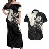Black Polynesia Tribal Octopus Tattoo Couples Matching Off Shoulder Maxi Dress and Hawaiian Shirt Pikake Lei Polynesian Pattern