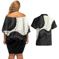 Black Polynesia Tribal Octopus Tattoo Couples Matching Off Shoulder Short Dress and Hawaiian Shirt Pikake Lei Polynesian Pattern