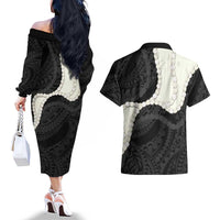 Black Polynesia Tribal Octopus Tattoo Couples Matching Off The Shoulder Long Sleeve Dress and Hawaiian Shirt Pikake Lei Polynesian Pattern LT14 - Polynesian Pride