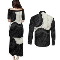 Black Polynesia Tribal Octopus Tattoo Couples Matching Puletasi and Long Sleeve Button Shirt Pikake Lei Polynesian Pattern LT14 - Polynesian Pride