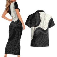 Black Polynesia Tribal Octopus Tattoo Couples Matching Short Sleeve Bodycon Dress and Hawaiian Shirt Pikake Lei Polynesian Pattern