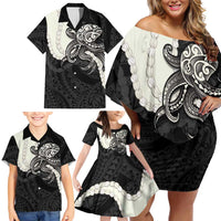 Black Polynesia Tribal Octopus Tattoo Family Matching Off Shoulder Short Dress and Hawaiian Shirt Pikake Lei Polynesian Pattern