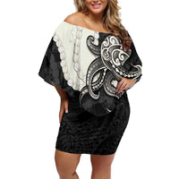 Black Polynesia Tribal Octopus Tattoo Family Matching Off Shoulder Short Dress and Hawaiian Shirt Pikake Lei Polynesian Pattern