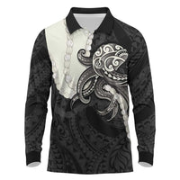 Black Polynesia Tribal Octopus Tattoo Long Sleeve Polo Shirt Pikake Lei Polynesian Pattern
