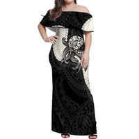 Black Polynesia Tribal Octopus Tattoo Off Shoulder Maxi Dress Pikake Lei Polynesian Pattern