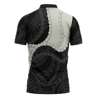 Black Polynesia Tribal Octopus Tattoo Zipper Polo Shirt Pikake Lei Polynesian Pattern