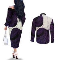Purple Galaxy Polynesia Tribal Octopus Tattoo Couples Matching Off The Shoulder Long Sleeve Dress and Long Sleeve Button Shirt Pikake Lei Polynesian Pattern