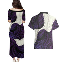 Purple Galaxy Polynesia Tribal Octopus Tattoo Couples Matching Puletasi and Hawaiian Shirt Pikake Lei Polynesian Pattern