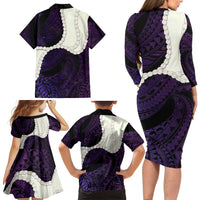 Purple Galaxy Polynesia Tribal Octopus Tattoo Family Matching Long Sleeve Bodycon Dress and Hawaiian Shirt Pikake Lei Polynesian Pattern