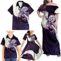 Purple Galaxy Polynesia Tribal Octopus Tattoo Family Matching Off Shoulder Maxi Dress and Hawaiian Shirt Pikake Lei Polynesian Pattern