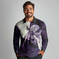 Purple Galaxy Polynesia Tribal Octopus Tattoo Long Sleeve Polo Shirt Pikake Lei Polynesian Pattern LT14 - Polynesian Pride