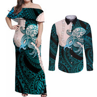 Teal Galaxy Polynesia Tribal Octopus Tattoo Couples Matching Off Shoulder Maxi Dress and Long Sleeve Button Shirt Pikake Lei Polynesian Pattern