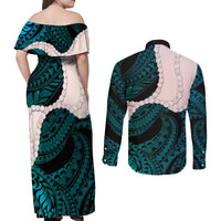 Teal Galaxy Polynesia Tribal Octopus Tattoo Couples Matching Off Shoulder Maxi Dress and Long Sleeve Button Shirt Pikake Lei Polynesian Pattern