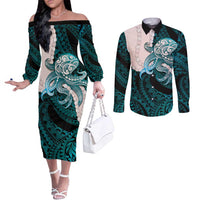 Teal Galaxy Polynesia Tribal Octopus Tattoo Couples Matching Off The Shoulder Long Sleeve Dress and Long Sleeve Button Shirt Pikake Lei Polynesian Pattern