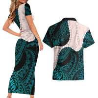 Teal Galaxy Polynesia Tribal Octopus Tattoo Couples Matching Short Sleeve Bodycon Dress and Hawaiian Shirt Pikake Lei Polynesian Pattern