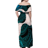 Teal Galaxy Polynesia Tribal Octopus Tattoo Family Matching Off Shoulder Maxi Dress and Hawaiian Shirt Pikake Lei Polynesian Pattern