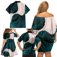 Teal Galaxy Polynesia Tribal Octopus Tattoo Family Matching Off Shoulder Short Dress and Hawaiian Shirt Pikake Lei Polynesian Pattern
