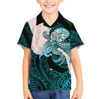 Teal Galaxy Polynesia Tribal Octopus Tattoo Family Matching Off Shoulder Short Dress and Hawaiian Shirt Pikake Lei Polynesian Pattern