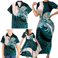 Teal Galaxy Polynesia Tribal Octopus Tattoo Family Matching Short Sleeve Bodycon Dress and Hawaiian Shirt Pikake Lei Polynesian Pattern