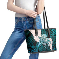 Teal Galaxy Polynesia Tribal Octopus Tattoo Leather Tote Bag Pikake Lei Polynesian Pattern