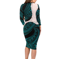 Teal Galaxy Polynesia Tribal Octopus Tattoo Long Sleeve Bodycon Dress Pikake Lei Polynesian Pattern