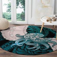 Teal Galaxy Polynesia Tribal Octopus Tattoo Round Carpet Pikake Lei Polynesian Pattern